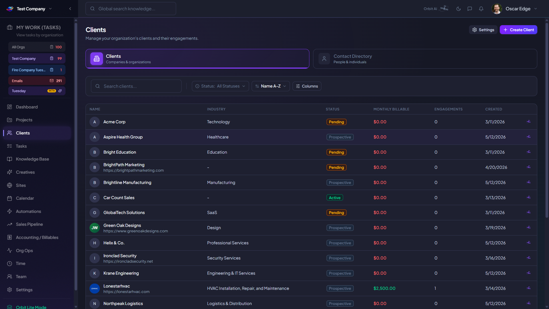 Orbit clients list with industry, status, monthly billable, engagements, and creation date