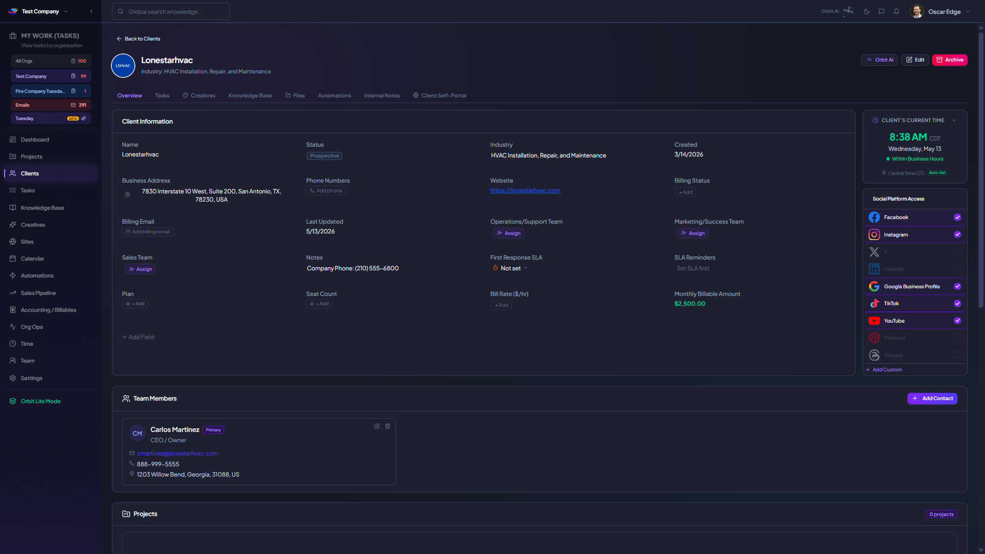 Orbit client detail page showing business info, contacts, team members, projects, invoices, and social links