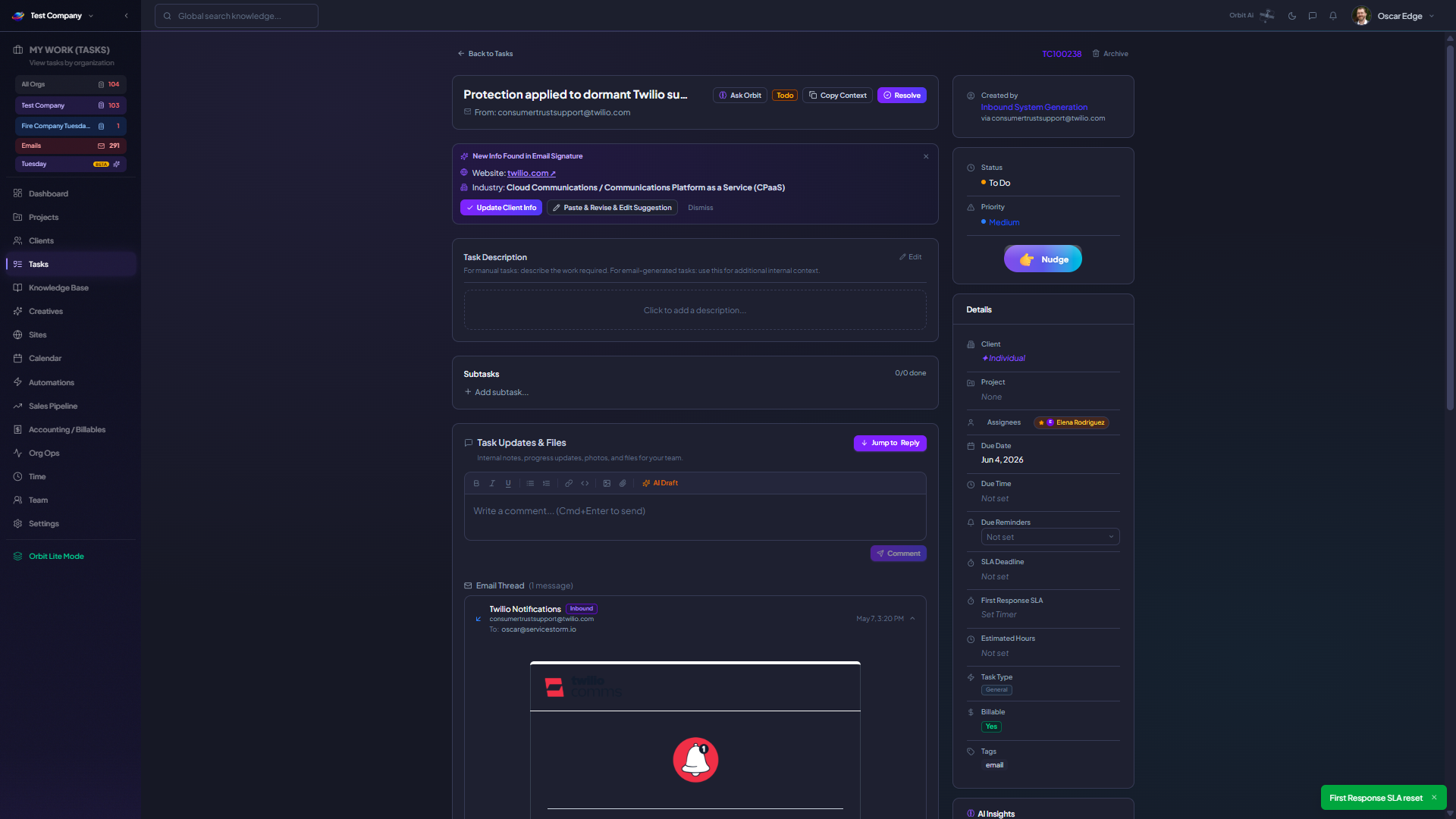 Orbit task detail with subtasks, email thread, attachments, internal notes, priority and SLA metadata