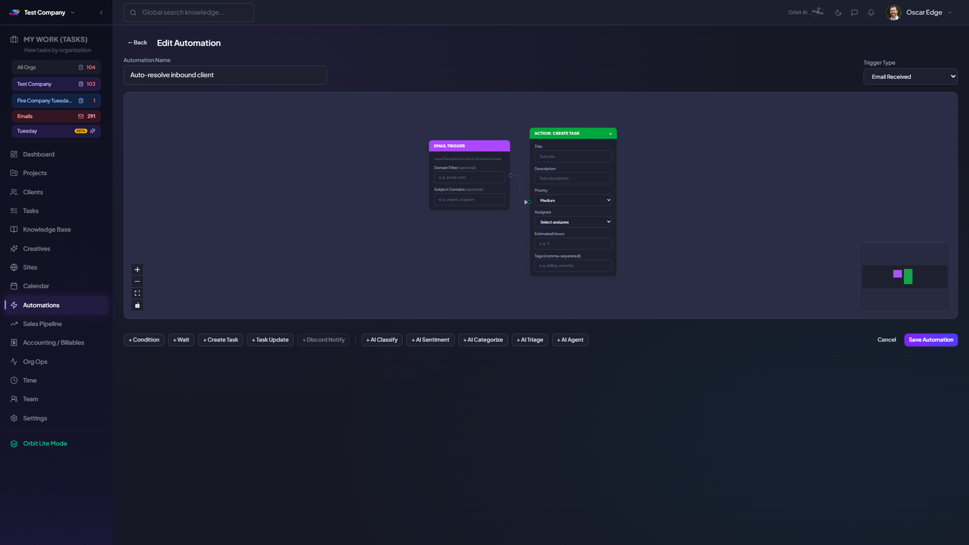 Orbit visual automation builder showing trigger and action nodes connected on a canvas