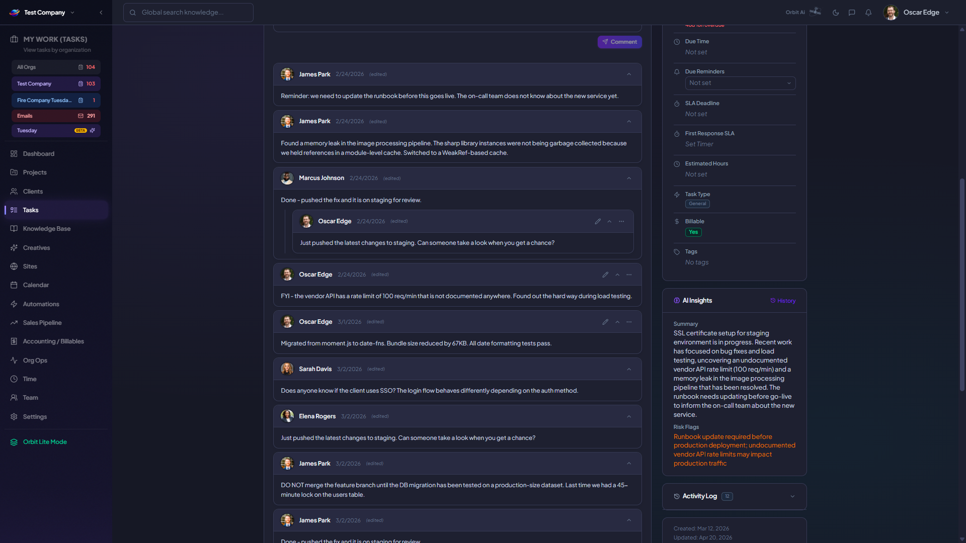 Orbit internal task discussion thread with team collaboration on a ticket